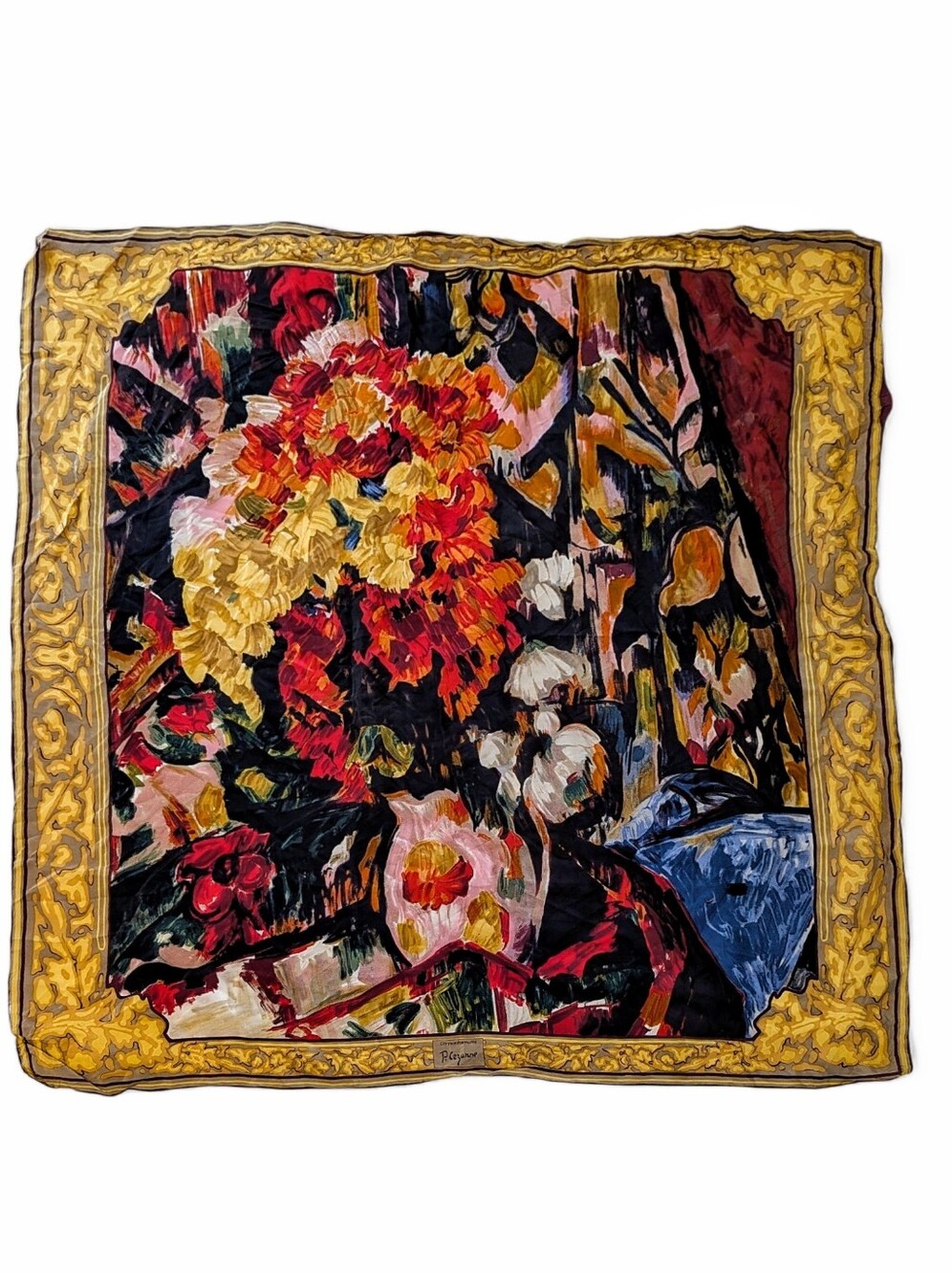 VINTAGE Paul Cézanne Art Scarf Silk Chrysanthemums Floral Print Black Yellow Red